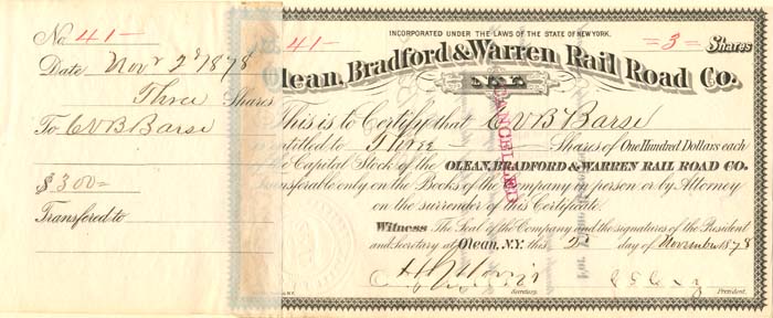Olean, Bradford and Warren Rail Road Co - Stock Certificate